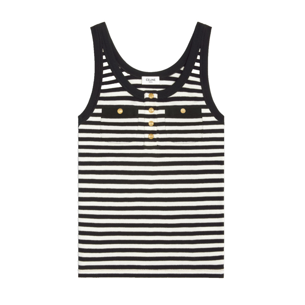 Celine Mariniere White Black Striped Ribbed Cotton Jersey Knit Tank Top Shirt XL